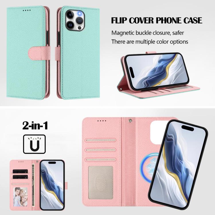 เคสโทรศัพท์หนังวีแกนลายลิ้นจี่แม่เหล็กด้านข้างถอดได้ สำหรับ iPhone 13 Pro Max, สำหรับ iPhone 13 Pro, สำหรับ iPhone 13, สำหรับ iPhone 12 / 12 Pro, สำหรับ iPhone 12 Pro Max, สำหรับ iPhone 11 Pro Max, สำหรับ iPhone 11, สำหรับ iPhone 11 Pro