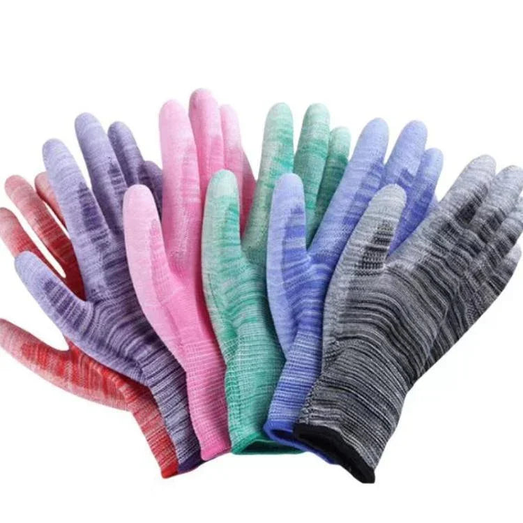 ถุงมือป้องกันไฟฟ้าสถิตเคลือบ PU ลายทาง 10 คู่ ส่งสีสุ่ม, S, M, L
