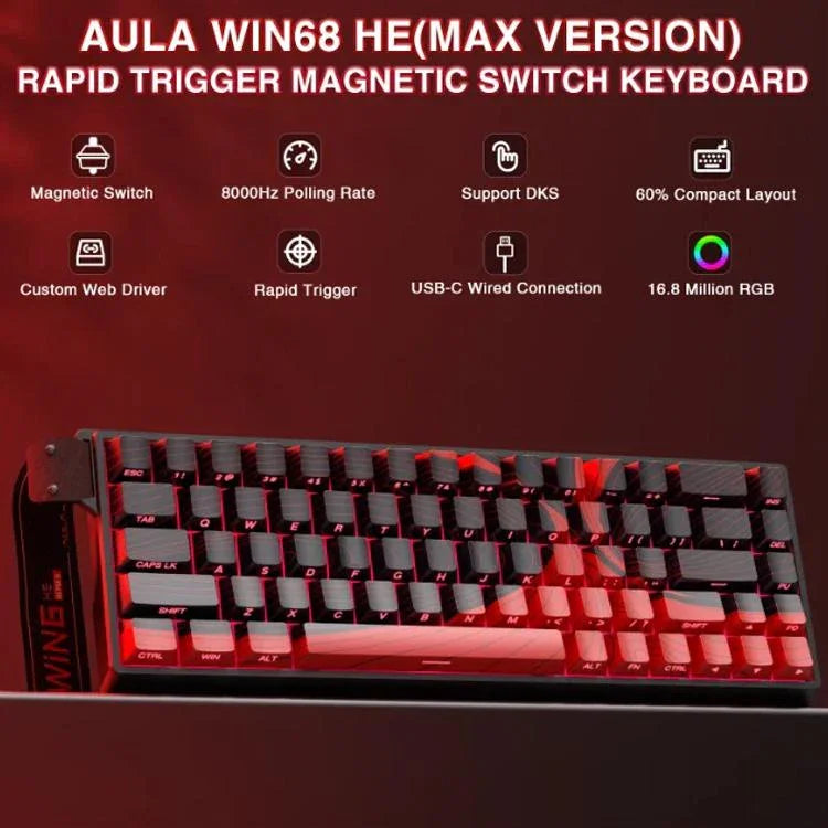 คีย์บอร์ดสาย AULA WIN68HE รุ่น MAX 68 ปุ่ม ไฟ RGB, WIN68HE แกนแม่เหล็ก Wing Chun สีแดง