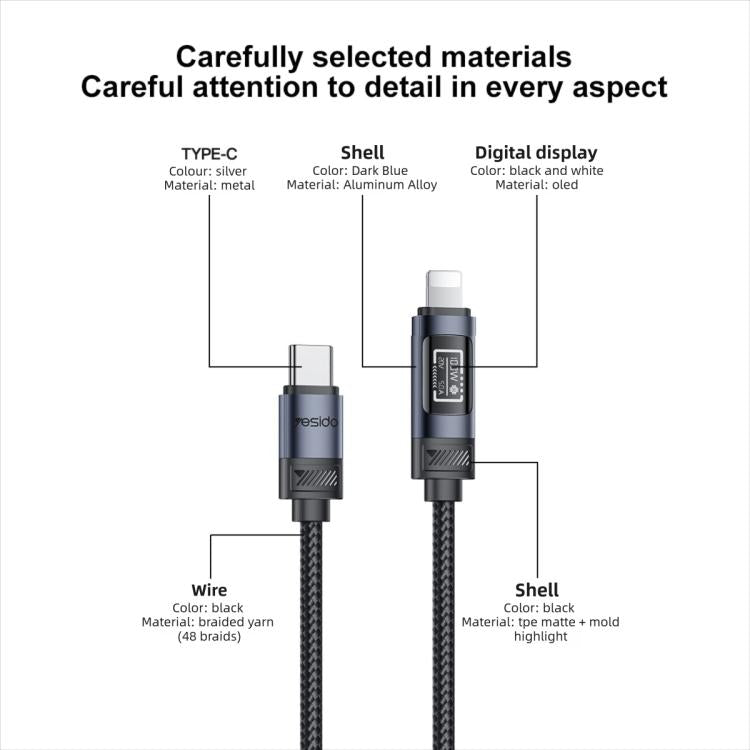 สายชาร์จและข้อมูล Yesido CA138L 12W 2.4A USB เป็น 8 พิน พร้อมจอแสดงผล OLED, USB เป็น 8 พิน