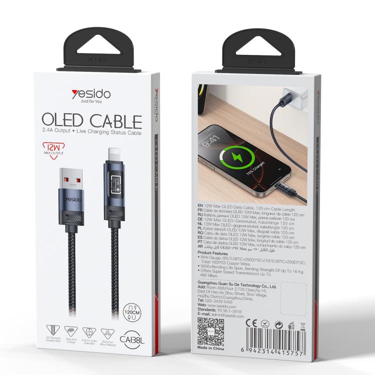 สายชาร์จและข้อมูล Yesido CA138L 12W 2.4A USB เป็น 8 พิน พร้อมจอแสดงผล OLED, USB เป็น 8 พิน