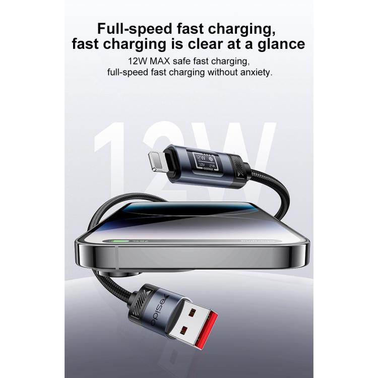 สายชาร์จและข้อมูล Yesido CA138L 12W 2.4A USB เป็น 8 พิน พร้อมจอแสดงผล OLED, USB เป็น 8 พิน