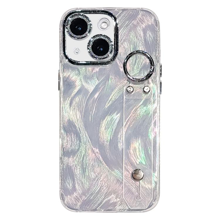 เคสโทรศัพท์ TPU พร้อมที่ยึดสายรัดข้อมือชุบโลหะลายขนนกผ้าก๊อซ พร้อมฟิล์มเลนส์ สำหรับ iPhone 13
