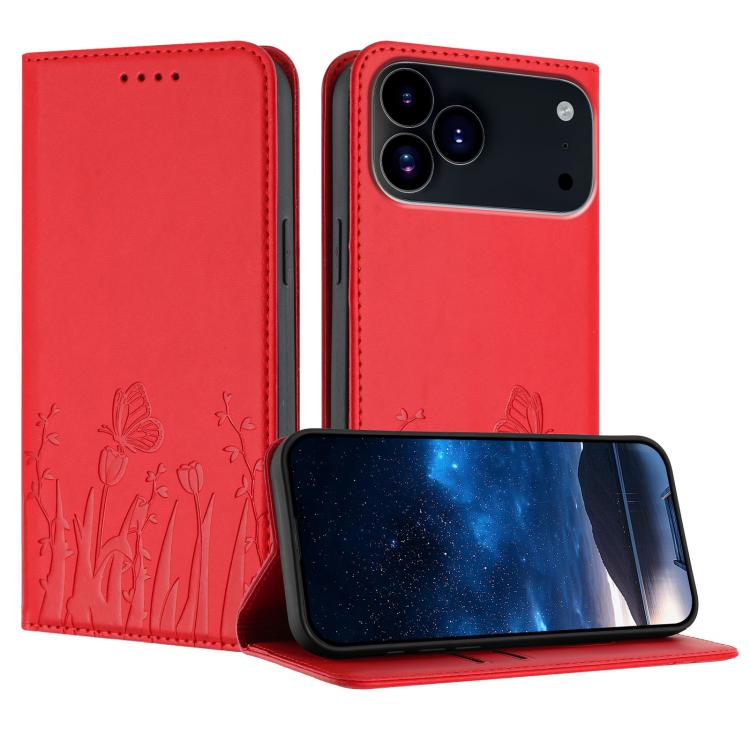 เคสโทรศัพท์หนังวีแกนแม่เหล็กลายดอกทิวลิปผีเสื้อ สำหรับ iPhone 17e / 16e, สำหรับ iPhone 17 Pro Max, สำหรับ iPhone 17 Pro, สำหรับ iPhone 17