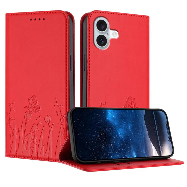เคสโทรศัพท์หนังวีแกนแม่เหล็กลายดอกทิวลิปผีเสื้อ สำหรับ iPhone Air, สำหรับ iPhone 16 Pro Max, สำหรับ iPhone 16 Pro, สำหรับ iPhone 16 Plus
