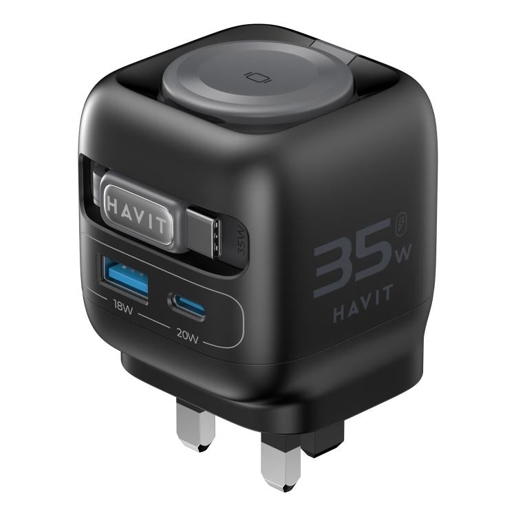 ที่ชาร์จเดินทาง GaN 3 in 1 Havit UC250 35W พร้อมสาย Type-C แบบเก็บได้, UC250 (ปลั๊ก UK)