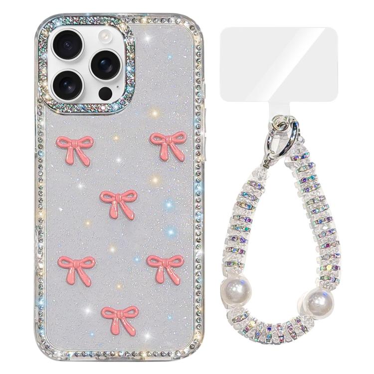 เคสโทรศัพท์โบว์สีสันสดใส IMD ประดับประกายพร้อมสร้อยข้อมือ, สำหรับ iPhone 16 Pro, สำหรับ iPhone 16 Plus, สำหรับ iPhone 16, สำหรับ iPhone 15 Pro Max, สำหรับ iPhone 15 Pro