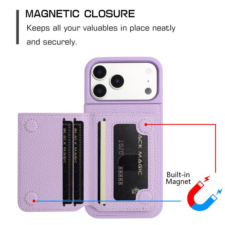 เคสโทรศัพท์ที่ใส่บัตรแม่เหล็กลายลิ้นจี่, สำหรับ iPhone 17 Pro Max, สำหรับ iPhone 17 Pro