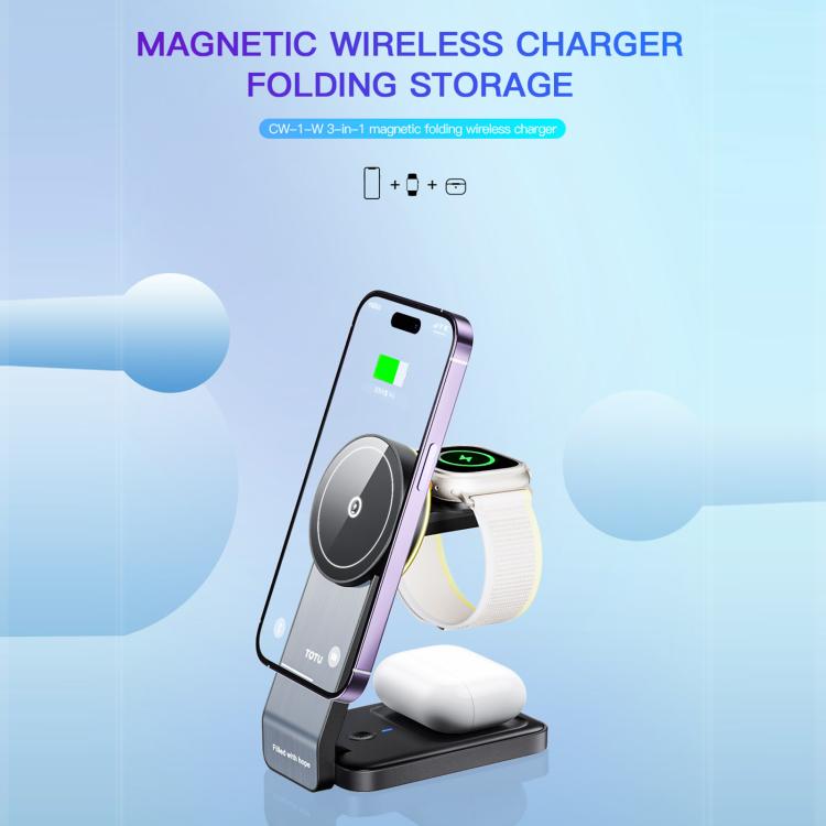TOTU CW-1-W แท่นชาร์จไร้สายแม่เหล็ก 3 in 1 สำหรับโทรศัพท์ หูฟัง และนาฬิกา, CW-1-W