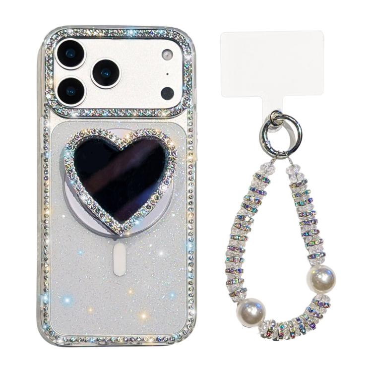 เคสโทรศัพท์แม่เหล็กกระจกหัวใจประดับประกาย IMD พร้อมสร้อยข้อมือ, สำหรับ iPhone 17 Pro Max, สำหรับ iPhone 17 Pro, สำหรับ iPhone 17, สำหรับ iPhone Air, สำหรับ iPhone 16 Pro Max, สำหรับ iPhone 16 Pro, สำหรับ iPhone 16, สำหรับ iPhone 15 Pro Max