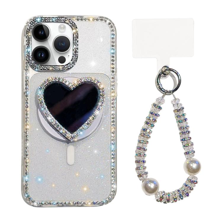 เคสโทรศัพท์แม่เหล็กกระจกหัวใจประดับประกาย IMD พร้อมสร้อยข้อมือ, สำหรับ iPhone 15 Pro, สำหรับ iPhone 15, สำหรับ iPhone 14, สำหรับ iPhone 14 Pro, สำหรับ iPhone 14 Pro Max, สำหรับ iPhone 13 Pro Max, สำหรับ iPhone 13 Pro, สำหรับ iPhone 13