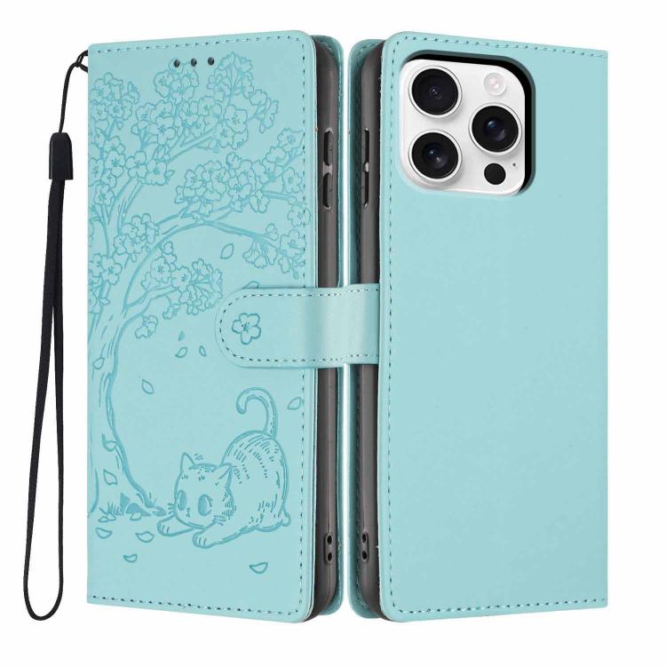 เคสโทรศัพท์หนังวีแกนปั๊มลายต้นไม้แมวแบบพับ สำหรับ iPhone 16 Pro, สำหรับ iPhone 16 Plus, สำหรับ iPhone 16, สำหรับ iPhone 15 Pro Max, สำหรับ iPhone 15 Pro, สำหรับ iPhone 15 Plus