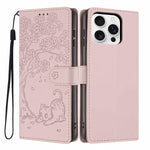 เคสโทรศัพท์หนังวีแกนปั๊มลายต้นไม้แมวแบบพับ สำหรับ iPhone 16 Pro, สำหรับ iPhone 16 Plus, สำหรับ iPhone 16, สำหรับ iPhone 15 Pro Max, สำหรับ iPhone 15 Pro, สำหรับ iPhone 15 Plus