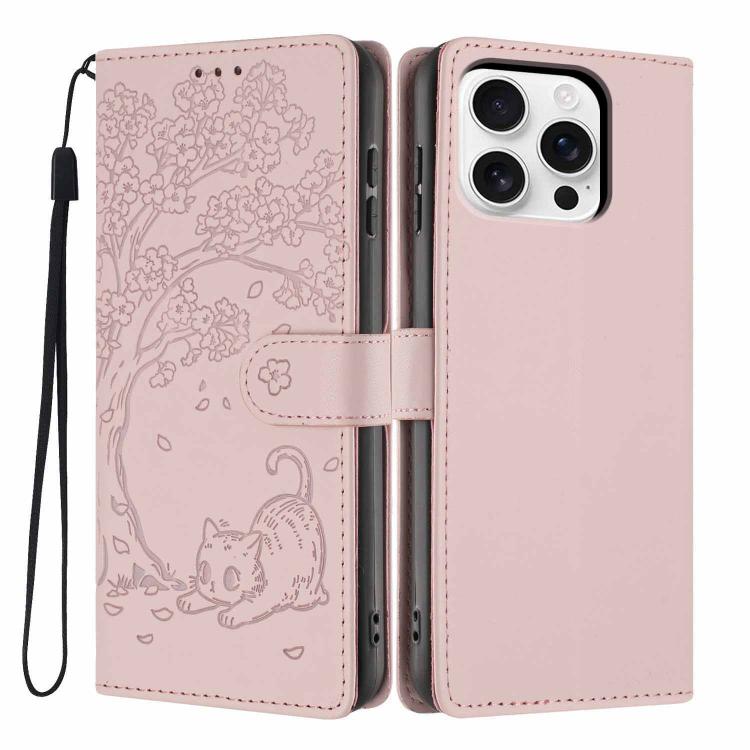 เคสโทรศัพท์หนังวีแกนปั๊มลายต้นไม้แมวแบบพับ สำหรับ iPhone 16 Pro, สำหรับ iPhone 16 Plus, สำหรับ iPhone 16, สำหรับ iPhone 15 Pro Max, สำหรับ iPhone 15 Pro, สำหรับ iPhone 15 Plus