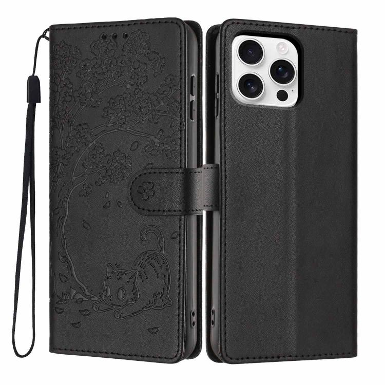 เคสโทรศัพท์หนังวีแกนปั๊มลายต้นไม้แมวแบบพับ สำหรับ iPhone 16 Pro, สำหรับ iPhone 16 Plus, สำหรับ iPhone 16, สำหรับ iPhone 15 Pro Max, สำหรับ iPhone 15 Pro, สำหรับ iPhone 15 Plus