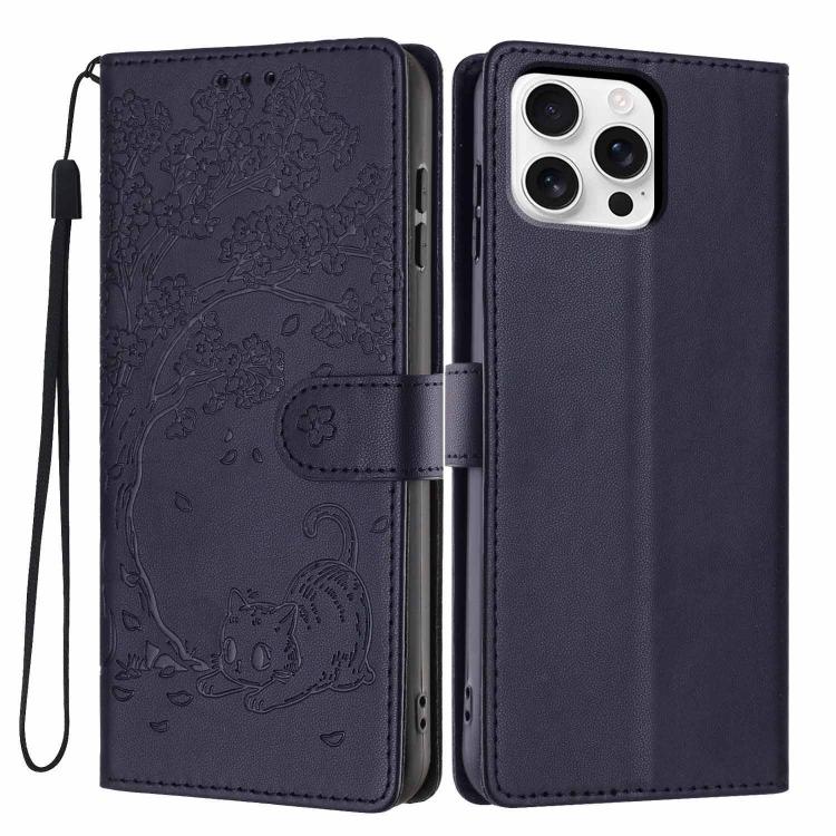 เคสโทรศัพท์หนังวีแกนปั๊มลายต้นไม้แมวแบบพับ สำหรับ iPhone 16 Pro, สำหรับ iPhone 16 Plus, สำหรับ iPhone 16, สำหรับ iPhone 15 Pro Max, สำหรับ iPhone 15 Pro, สำหรับ iPhone 15 Plus