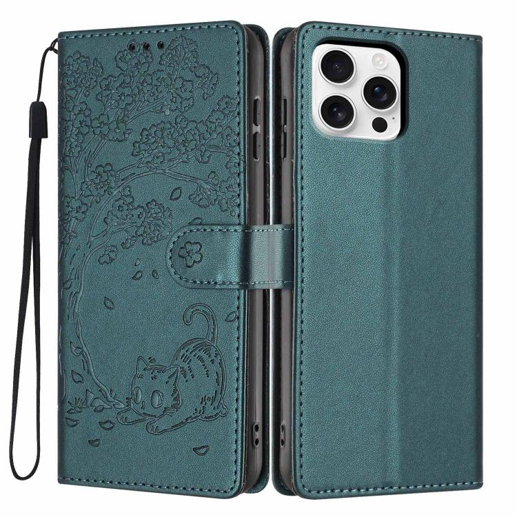 เคสโทรศัพท์หนังวีแกนปั๊มลายต้นไม้แมวแบบพับ สำหรับ iPhone 16 Pro, สำหรับ iPhone 16 Plus, สำหรับ iPhone 16, สำหรับ iPhone 15 Pro Max, สำหรับ iPhone 15 Pro, สำหรับ iPhone 15 Plus