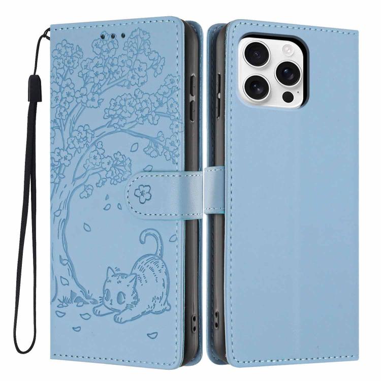 เคสโทรศัพท์หนังวีแกนปั๊มลายต้นไม้แมวแบบพับ สำหรับ iPhone 16 Pro, สำหรับ iPhone 16 Plus, สำหรับ iPhone 16, สำหรับ iPhone 15 Pro Max, สำหรับ iPhone 15 Pro, สำหรับ iPhone 15 Plus