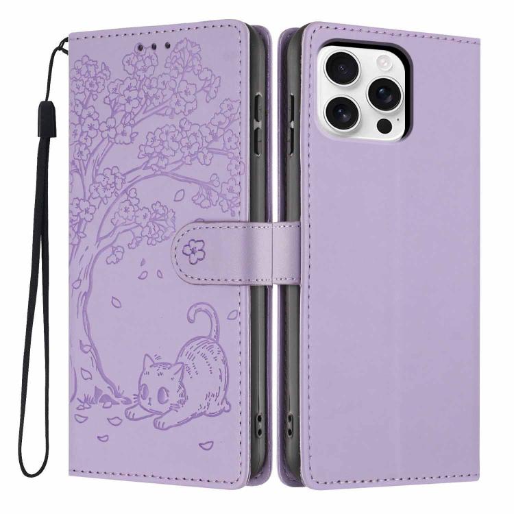 เคสโทรศัพท์หนังวีแกนปั๊มลายต้นไม้แมวแบบพับ สำหรับ iPhone 16 Pro, สำหรับ iPhone 16 Plus, สำหรับ iPhone 16, สำหรับ iPhone 15 Pro Max, สำหรับ iPhone 15 Pro, สำหรับ iPhone 15 Plus