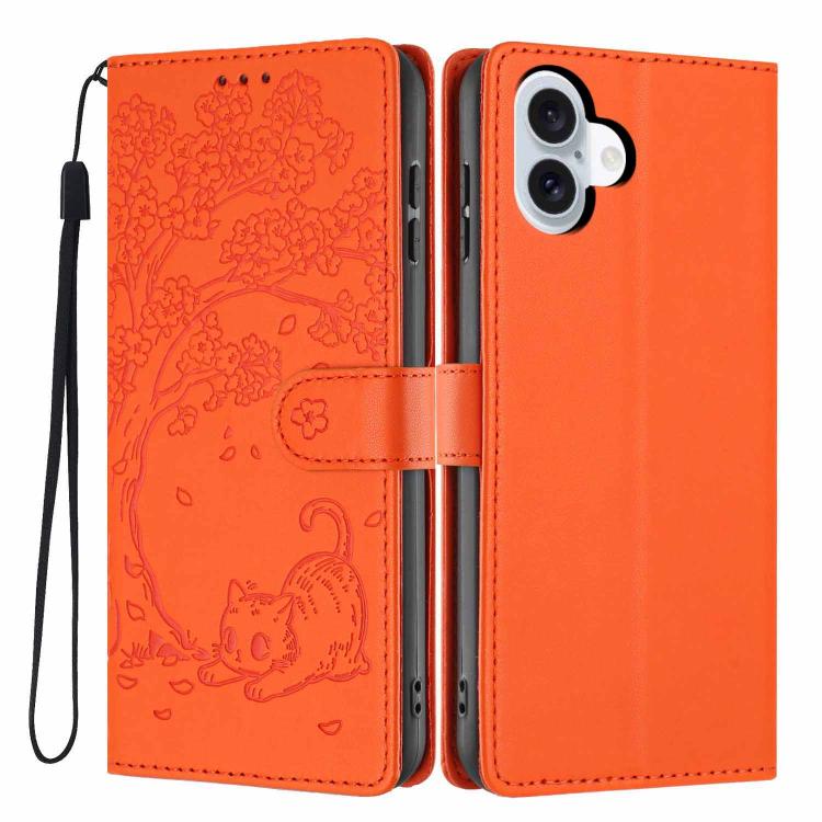 เคสโทรศัพท์หนังวีแกนปั๊มลายต้นไม้แมวแบบพับ สำหรับ iPhone 16 Pro, สำหรับ iPhone 16 Plus, สำหรับ iPhone 16, สำหรับ iPhone 15 Pro Max, สำหรับ iPhone 15 Pro, สำหรับ iPhone 15 Plus