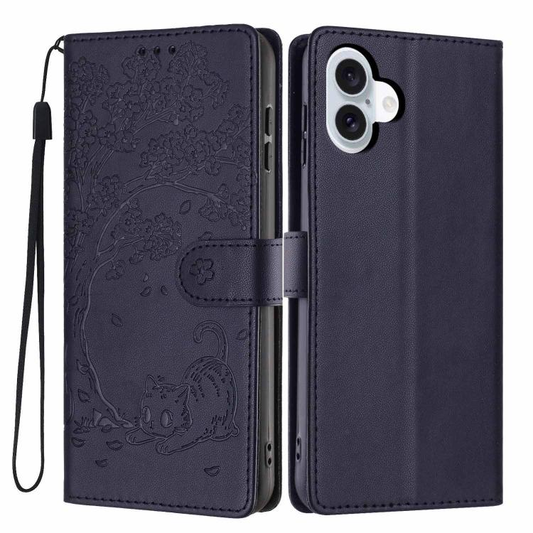 เคสโทรศัพท์หนังวีแกนปั๊มลายต้นไม้แมวแบบพับ สำหรับ iPhone 16 Pro, สำหรับ iPhone 16 Plus, สำหรับ iPhone 16, สำหรับ iPhone 15 Pro Max, สำหรับ iPhone 15 Pro, สำหรับ iPhone 15 Plus