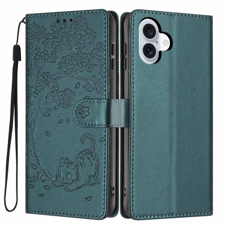 เคสโทรศัพท์หนังวีแกนปั๊มลายต้นไม้แมวแบบพับ สำหรับ iPhone 16 Pro, สำหรับ iPhone 16 Plus, สำหรับ iPhone 16, สำหรับ iPhone 15 Pro Max, สำหรับ iPhone 15 Pro, สำหรับ iPhone 15 Plus