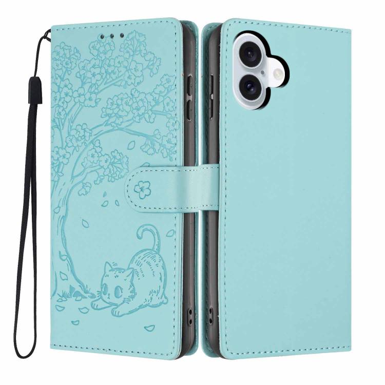 เคสโทรศัพท์หนังวีแกนปั๊มลายต้นไม้แมวแบบพับ สำหรับ iPhone 16 Pro, สำหรับ iPhone 16 Plus, สำหรับ iPhone 16, สำหรับ iPhone 15 Pro Max, สำหรับ iPhone 15 Pro, สำหรับ iPhone 15 Plus