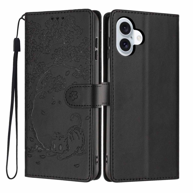 เคสโทรศัพท์หนังวีแกนปั๊มลายต้นไม้แมวแบบพับ สำหรับ iPhone 16 Pro, สำหรับ iPhone 16 Plus, สำหรับ iPhone 16, สำหรับ iPhone 15 Pro Max, สำหรับ iPhone 15 Pro, สำหรับ iPhone 15 Plus