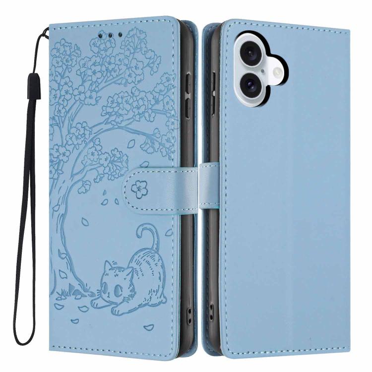 เคสโทรศัพท์หนังวีแกนปั๊มลายต้นไม้แมวแบบพับ สำหรับ iPhone 16 Pro, สำหรับ iPhone 16 Plus, สำหรับ iPhone 16, สำหรับ iPhone 15 Pro Max, สำหรับ iPhone 15 Pro, สำหรับ iPhone 15 Plus
