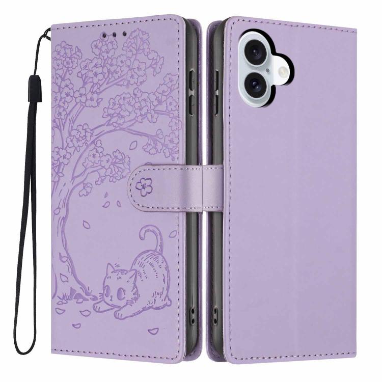 เคสโทรศัพท์หนังวีแกนปั๊มลายต้นไม้แมวแบบพับ สำหรับ iPhone 16 Pro, สำหรับ iPhone 16 Plus, สำหรับ iPhone 16, สำหรับ iPhone 15 Pro Max, สำหรับ iPhone 15 Pro, สำหรับ iPhone 15 Plus