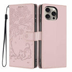 เคสโทรศัพท์หนังวีแกนปั๊มลายต้นไม้แมวแบบพับ สำหรับ iPhone 16 Pro, สำหรับ iPhone 16 Plus, สำหรับ iPhone 16, สำหรับ iPhone 15 Pro Max, สำหรับ iPhone 15 Pro, สำหรับ iPhone 15 Plus
