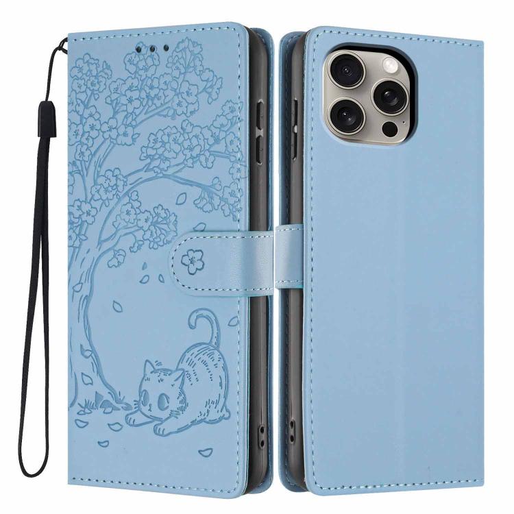 เคสโทรศัพท์หนังวีแกนปั๊มลายต้นไม้แมวแบบพับ สำหรับ iPhone 16 Pro, สำหรับ iPhone 16 Plus, สำหรับ iPhone 16, สำหรับ iPhone 15 Pro Max, สำหรับ iPhone 15 Pro, สำหรับ iPhone 15 Plus
