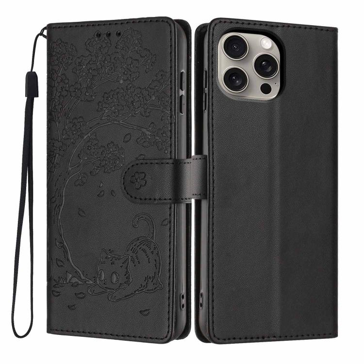 เคสโทรศัพท์หนังวีแกนปั๊มลายต้นไม้แมวแบบพับ สำหรับ iPhone 16 Pro, สำหรับ iPhone 16 Plus, สำหรับ iPhone 16, สำหรับ iPhone 15 Pro Max, สำหรับ iPhone 15 Pro, สำหรับ iPhone 15 Plus