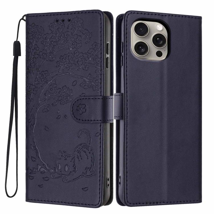 เคสโทรศัพท์หนังวีแกนปั๊มลายต้นไม้แมวแบบพับ สำหรับ iPhone 16 Pro, สำหรับ iPhone 16 Plus, สำหรับ iPhone 16, สำหรับ iPhone 15 Pro Max, สำหรับ iPhone 15 Pro, สำหรับ iPhone 15 Plus