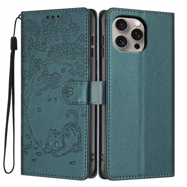 เคสโทรศัพท์หนังวีแกนปั๊มลายต้นไม้แมวแบบพับ สำหรับ iPhone 16 Pro, สำหรับ iPhone 16 Plus, สำหรับ iPhone 16, สำหรับ iPhone 15 Pro Max, สำหรับ iPhone 15 Pro, สำหรับ iPhone 15 Plus
