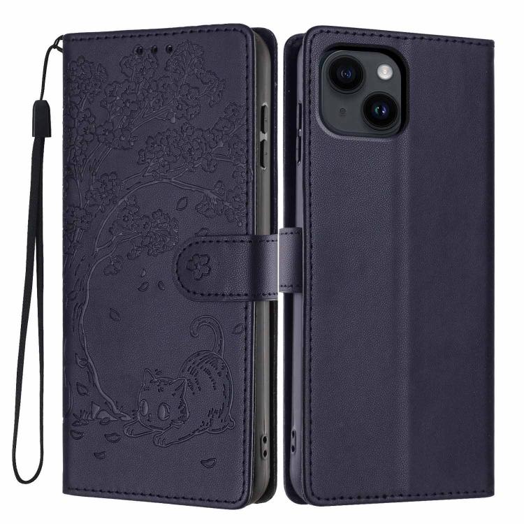 เคสโทรศัพท์หนังวีแกนปั๊มลายต้นไม้แมวแบบพับ สำหรับ iPhone 16 Pro, สำหรับ iPhone 16 Plus, สำหรับ iPhone 16, สำหรับ iPhone 15 Pro Max, สำหรับ iPhone 15 Pro, สำหรับ iPhone 15 Plus