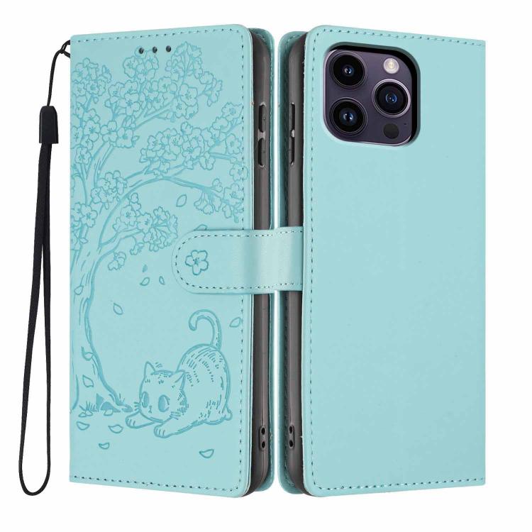 เคสโทรศัพท์หนังวีแกนพับลายแมวต้นไม้ สำหรับ iPhone 15, สำหรับ iPhone 14 Plus, สำหรับ iPhone 14, สำหรับ iPhone 14 Pro, สำหรับ iPhone 14 Pro Max, สำหรับ iPhone 13 Pro Max