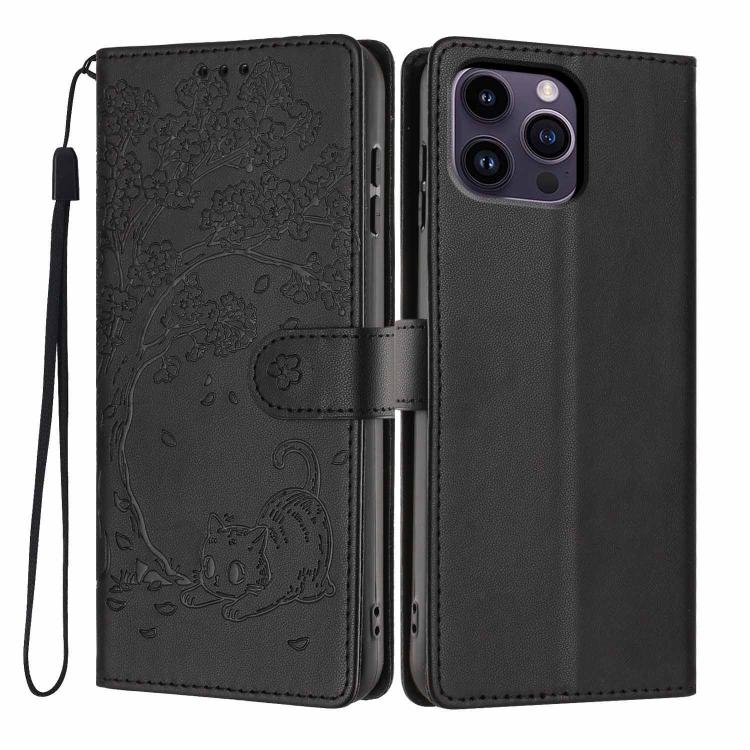 เคสโทรศัพท์หนังวีแกนพับลายแมวต้นไม้ สำหรับ iPhone 15, สำหรับ iPhone 14 Plus, สำหรับ iPhone 14, สำหรับ iPhone 14 Pro, สำหรับ iPhone 14 Pro Max, สำหรับ iPhone 13 Pro Max