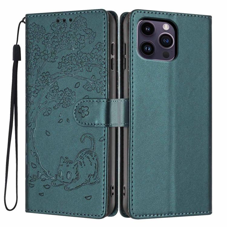เคสโทรศัพท์หนังวีแกนพับลายแมวต้นไม้ สำหรับ iPhone 15, สำหรับ iPhone 14 Plus, สำหรับ iPhone 14, สำหรับ iPhone 14 Pro, สำหรับ iPhone 14 Pro Max, สำหรับ iPhone 13 Pro Max