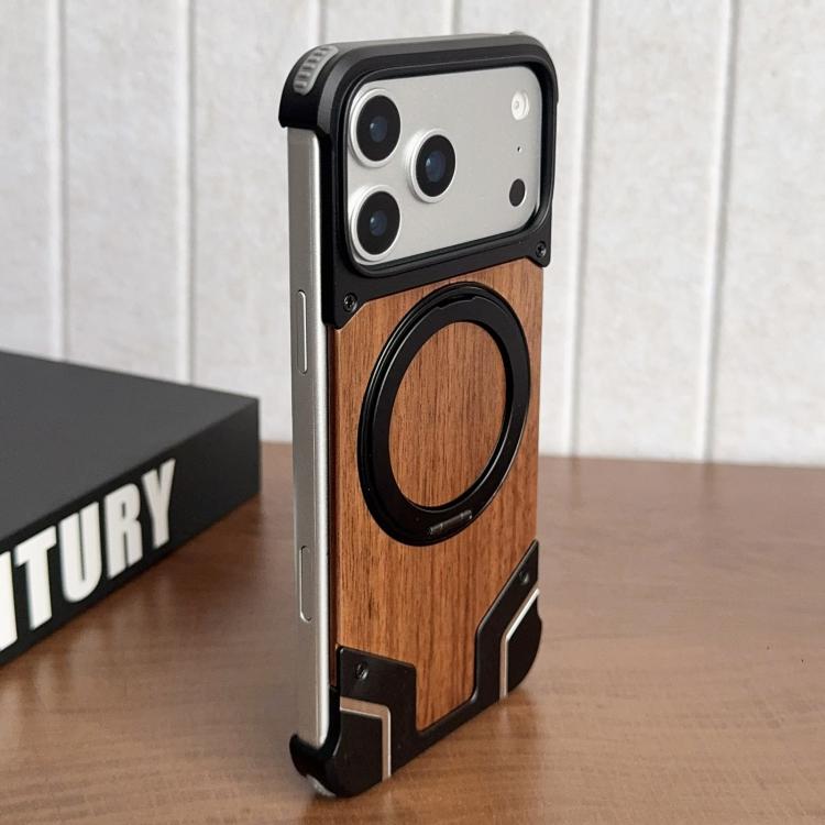 เคสโทรศัพท์แม่เหล็กแบบไม่มีกรอบโลหะหมุน 360 องศาสี Armor ไม้วอลนัท สำหรับ iPhone 17 Pro Max, สำหรับ iPhone 17 Pro