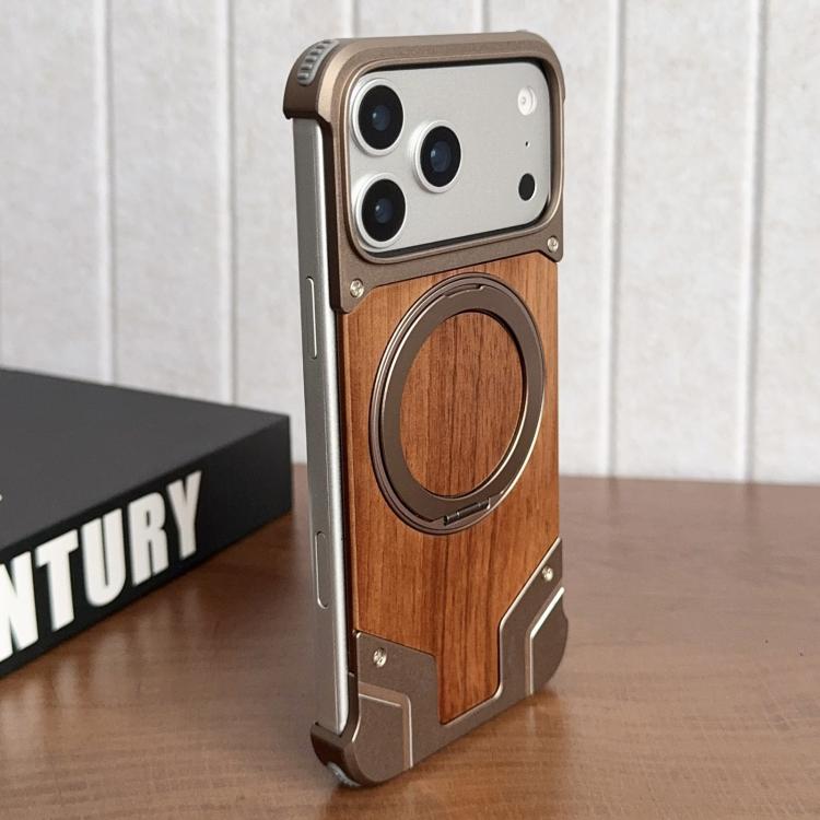 เคสโทรศัพท์แม่เหล็กแบบไม่มีกรอบโลหะหมุน 360 องศาสี Armor ไม้วอลนัท สำหรับ iPhone 17 Pro Max, สำหรับ iPhone 17 Pro
