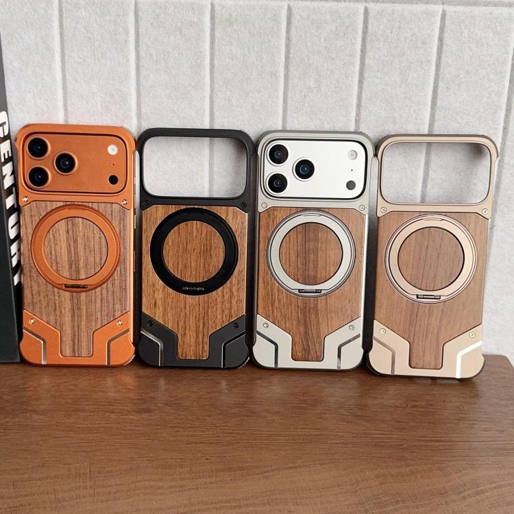 เคสโทรศัพท์แม่เหล็กแบบไม่มีกรอบโลหะหมุน 360 องศาสี Armor ไม้วอลนัท สำหรับ iPhone 17 Pro Max, สำหรับ iPhone 17 Pro