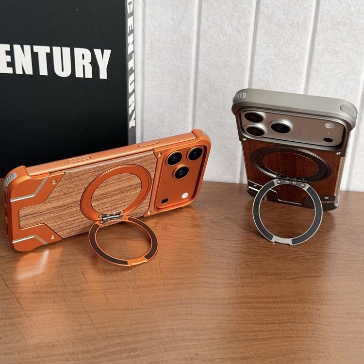 เคสโทรศัพท์แม่เหล็กแบบไม่มีกรอบโลหะหมุน 360 องศาสี Armor ไม้วอลนัท สำหรับ iPhone 17 Pro Max, สำหรับ iPhone 17 Pro