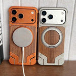 เคสโทรศัพท์แม่เหล็กแบบไม่มีกรอบโลหะหมุน 360 องศาสี Armor ไม้วอลนัท สำหรับ iPhone 17 Pro Max, สำหรับ iPhone 17 Pro