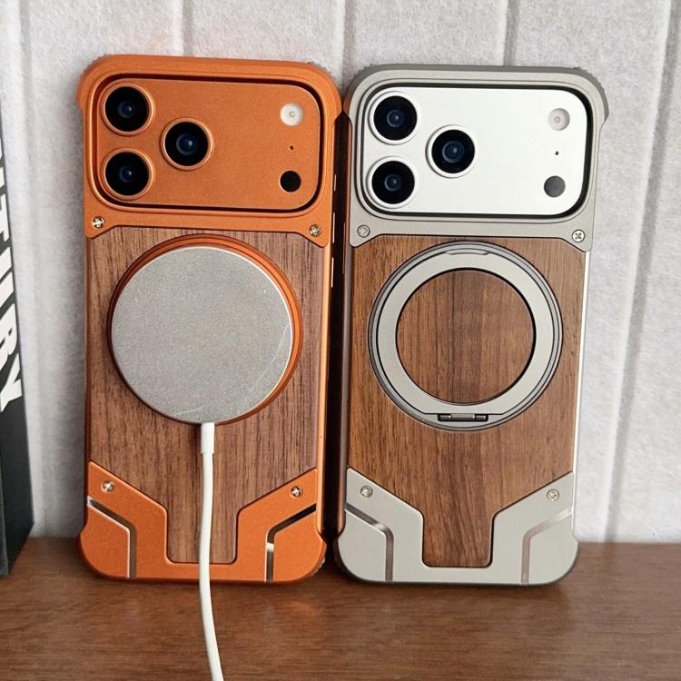 เคสโทรศัพท์แม่เหล็กแบบไม่มีกรอบโลหะหมุน 360 องศาสี Armor ไม้วอลนัท สำหรับ iPhone 17 Pro Max, สำหรับ iPhone 17 Pro