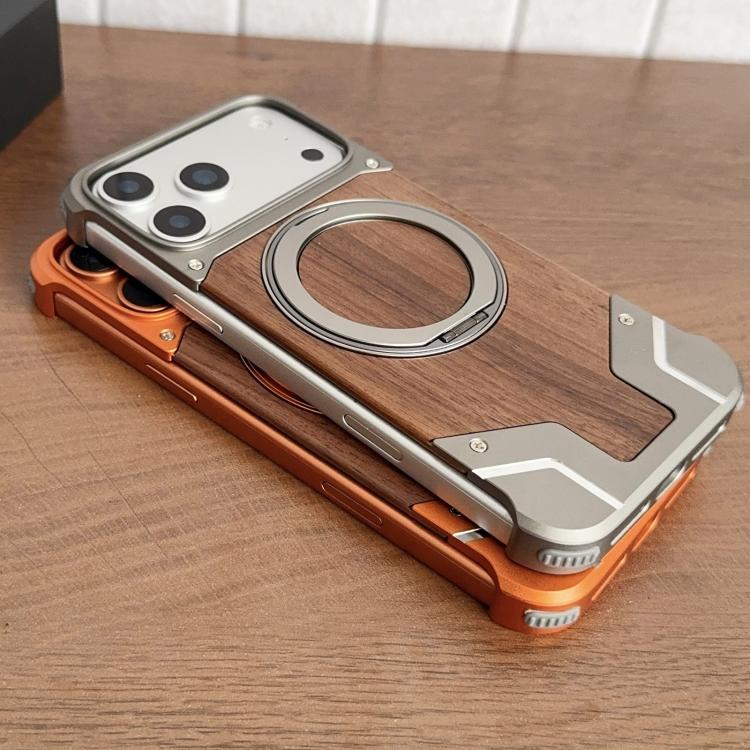 เคสโทรศัพท์แม่เหล็กแบบไม่มีกรอบโลหะหมุน 360 องศาสี Armor ไม้วอลนัท สำหรับ iPhone 17 Pro Max, สำหรับ iPhone 17 Pro