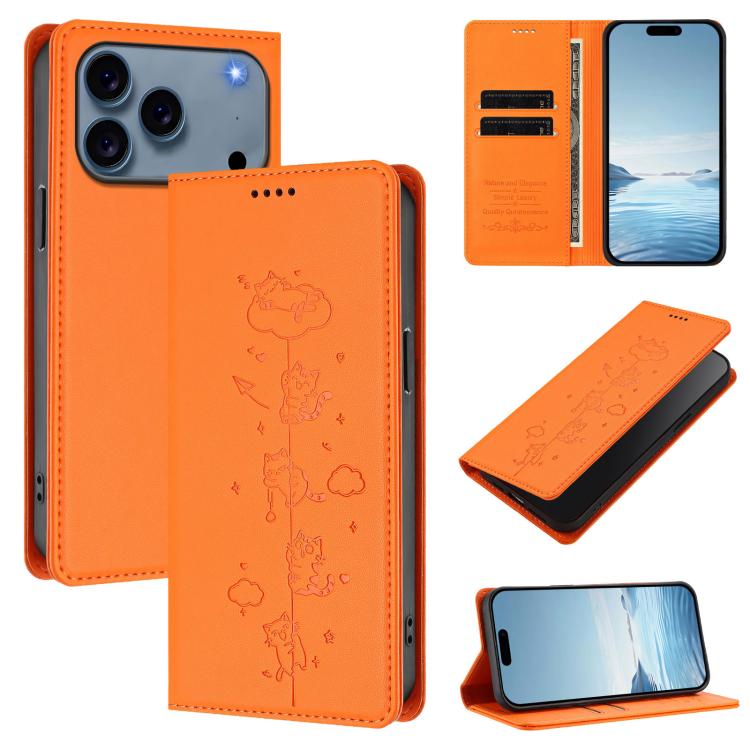 เคสโทรศัพท์หนังวีแกนลายแมวน่ารักปั๊มลายแม่เหล็กและ RFID สำหรับ iPhone 17e / 16e, สำหรับ iPhone 17 Pro Max, สำหรับ iPhone 17 Pro, สำหรับ iPhone 17