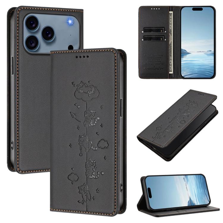 เคสโทรศัพท์หนังวีแกนลายแมวน่ารักปั๊มลายแม่เหล็กและ RFID สำหรับ iPhone 17e / 16e, สำหรับ iPhone 17 Pro Max, สำหรับ iPhone 17 Pro, สำหรับ iPhone 17