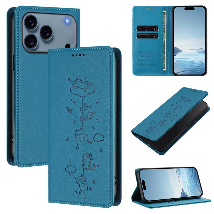 เคสโทรศัพท์หนังวีแกนลายแมวน่ารักปั๊มลายแม่เหล็กและ RFID สำหรับ iPhone 17e / 16e, สำหรับ iPhone 17 Pro Max, สำหรับ iPhone 17 Pro, สำหรับ iPhone 17