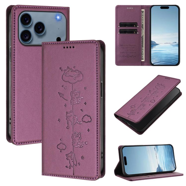 เคสโทรศัพท์หนังวีแกนลายแมวน่ารักปั๊มลายแม่เหล็กและ RFID สำหรับ iPhone 17e / 16e, สำหรับ iPhone 17 Pro Max, สำหรับ iPhone 17 Pro, สำหรับ iPhone 17